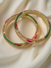 Exquisite Hand-Painted Cream Khadak Bangles with 22k (916) Gold