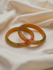 Exquisite Hand-Painted Yellow Khadak Bangles with 22k (916) Gold