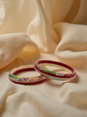 Exquisite Hand-Painted Red & Cream Khadak Bangles with 22k (916) Gold