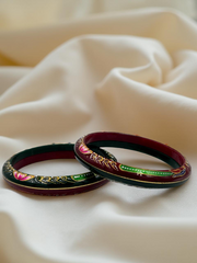 Exquisite Hand-Painted Red & Green Khadak Bangles with 22k (916) Gold