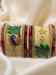 Hand-Painted Masterpiece: 22K Gold Peacock Painting Fancy Chuda Bangle Set (6-Piece)