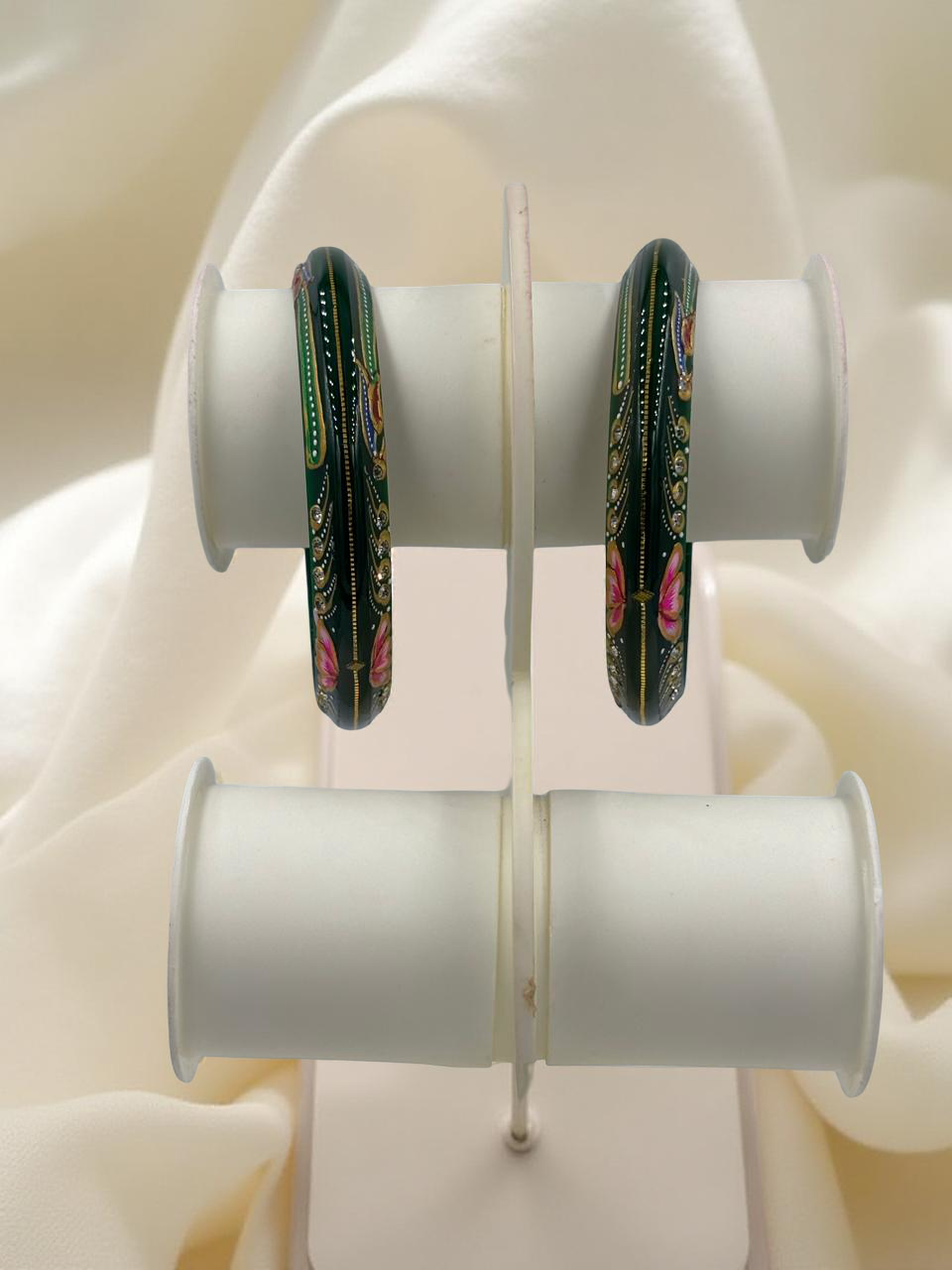 Exquisite Hand-Painted Green Khadak Bangles with 22k (916) Gold