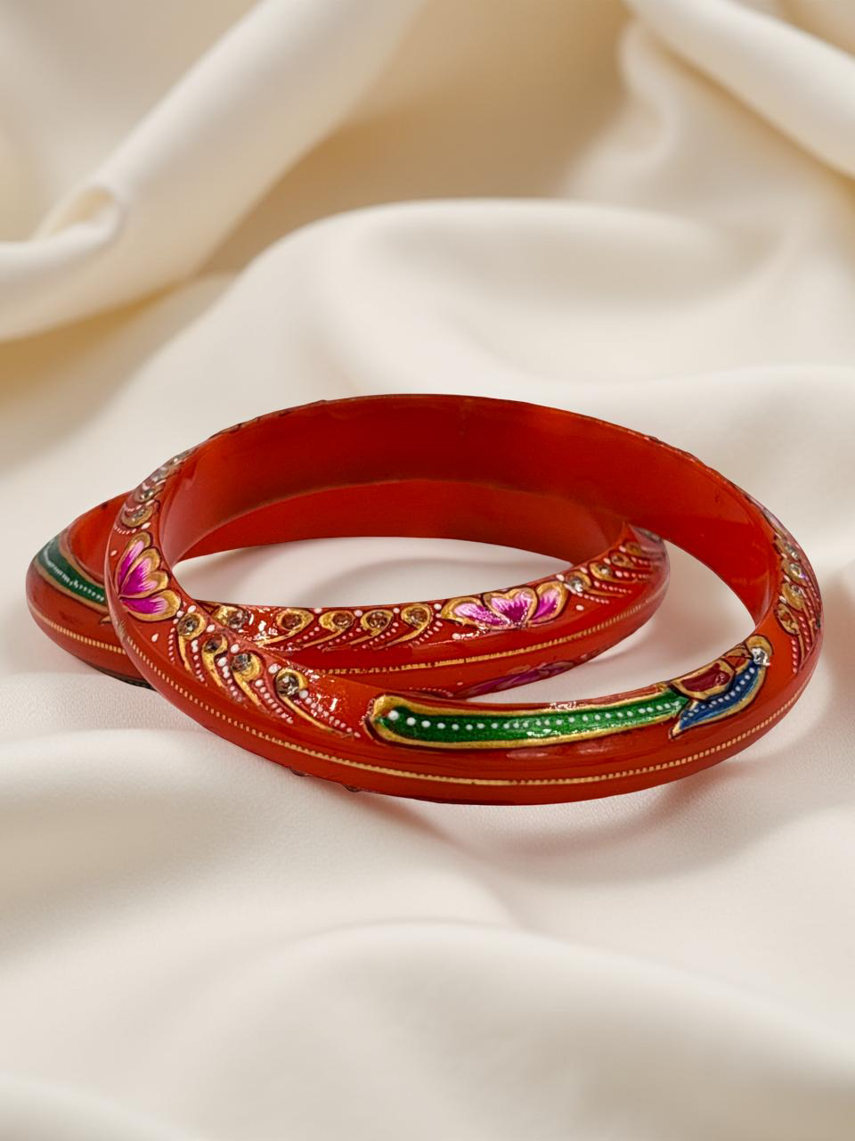 Exquisite Hand-Painted Orange Khadak Bangles with 22k (916) Gold