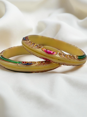 Exquisite Hand-Painted Cream Khadak Bangles with 22k (916) Gold