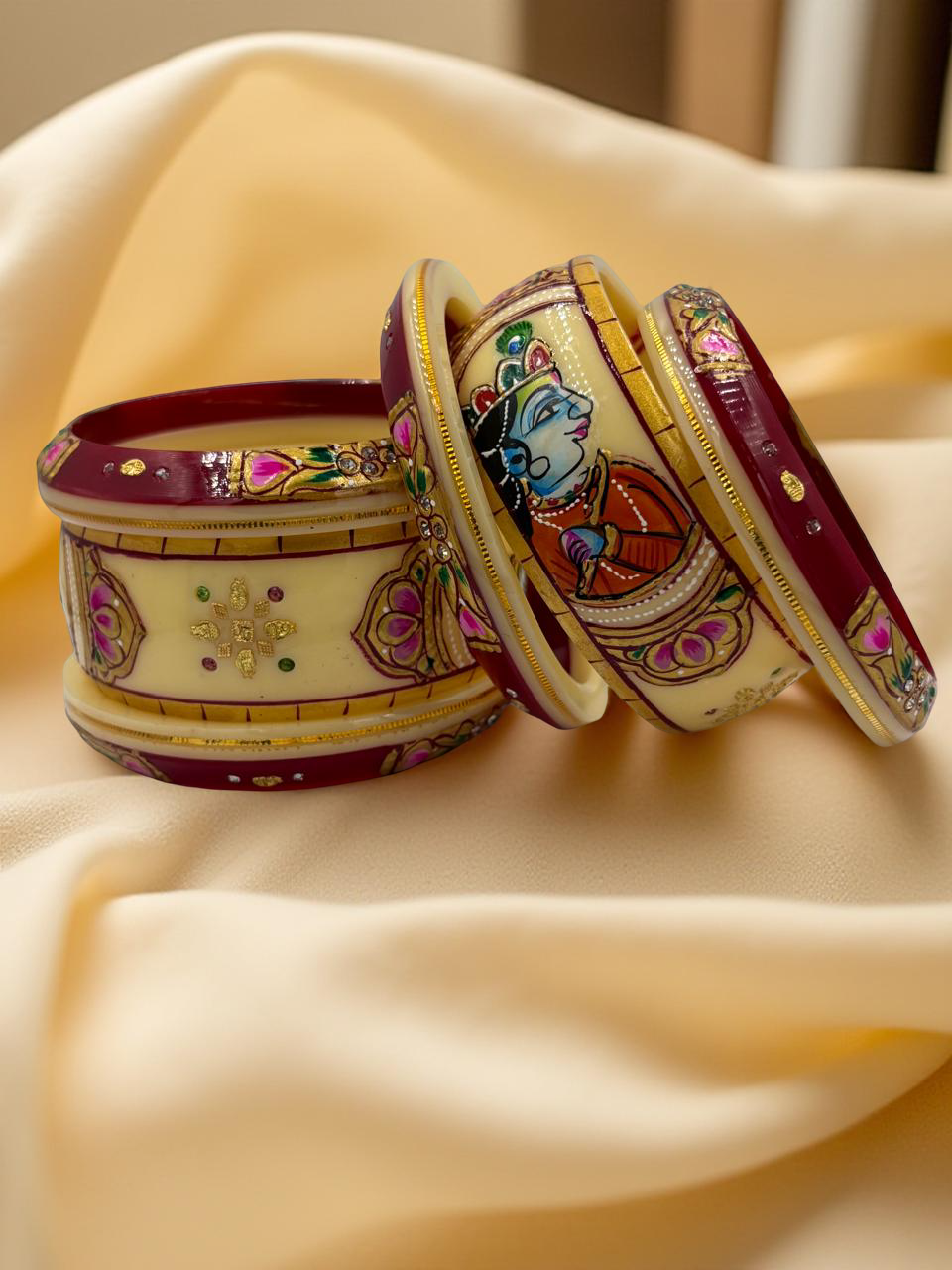 Hand-Painted Masterpiece: 22K Gold Radha Krishna Painting Fancy Chuda Bangle Set (6-Piece)