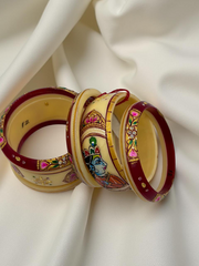 Hand-Painted Masterpiece: 22K Gold Radha Krishna Painting Fancy Chuda Bangle Set (6-Piece)