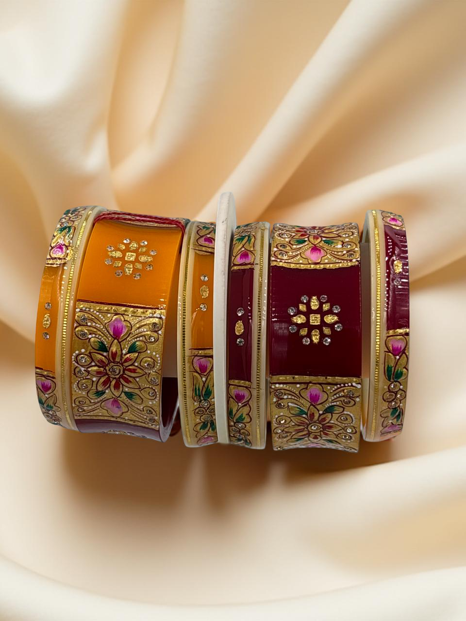Hand-Painted Masterpiece: 22K Gold Fancy Chuda Bangle Set (6-Piece)